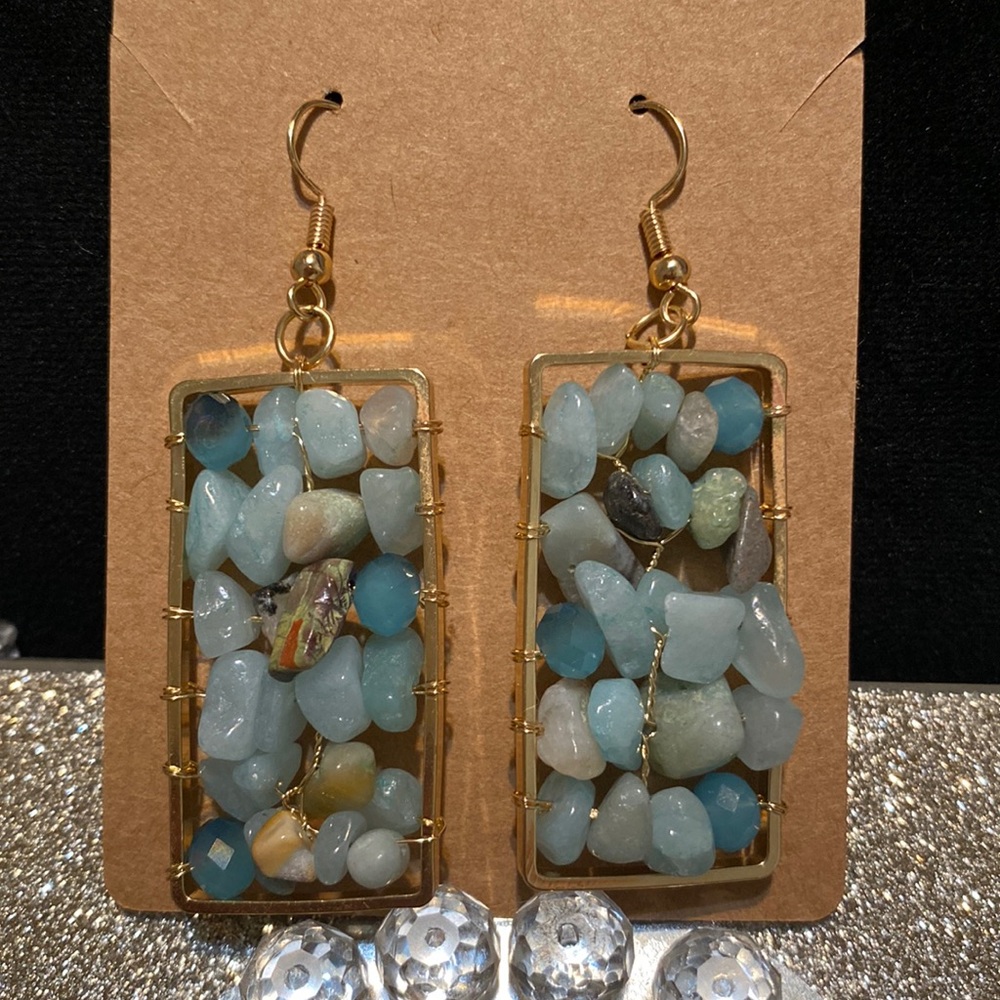 Blue stones Teardrop Earrings on 14k Gold Filled Wires for Women Handmade in USA
